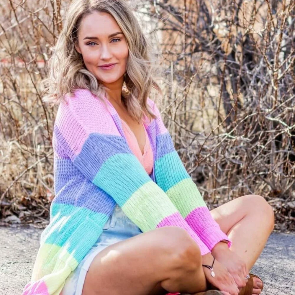 Pastel Rainbow Knit Long Sleeve Cardigan Lightweight Spring Pockets Colorblock - Picture 4 of 16